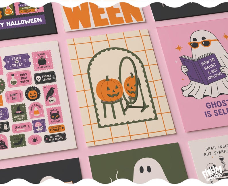 May include: A collection of Halloween-themed art prints featuring various illustrations including a pumpkin sitting on a stool in front of a mirror, a ghost reading a book titled How to Haunt & Not Apologize, and a sheet of colorful spooky postage stamps.
