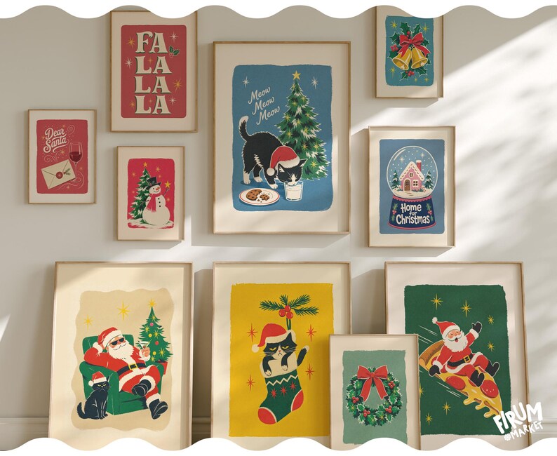 May include: A collection of ten framed Christmas-themed art prints featuring illustrations of Santa Claus, cats, a snowman, a wreath, and a snow globe. The prints display festive text including "FA LA LA LA", "Dear Santa", "Meow Meow Meow", and "Home for Christmas".