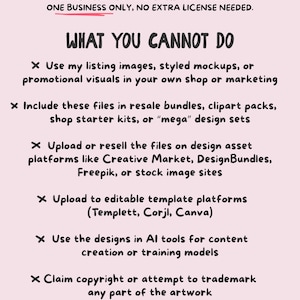 May include: A pink and white graphic with text detailing the terms of an extended commercial license. The text lists what is and isn't allowed, including the use of listing images and AI tools. A heart and the Firum Market logo are at the bottom.