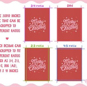 May include: A digital file display showing a 30x40 inches Merry Christmas poster design in red with light pink text and star accents. The graphic demonstrates cropping options for 3:4, DIN, 2:3, and 4:5 ratios, with text explaining the file versatility.