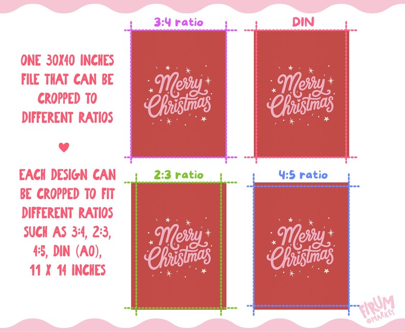 May include: A digital file display showing a 30x40 inches Merry Christmas poster design in red with light pink text and star accents. The graphic demonstrates cropping options for 3:4, DIN, 2:3, and 4:5 ratios, with text explaining the file versatility.