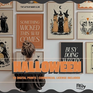 May include: A collection of framed wall art prints featuring various Halloween-themed illustrations including witches, a black cat, skeletons, and text such as Something Wicked This Way Comes and Busy Doing Witchy, displayed on a white wall.