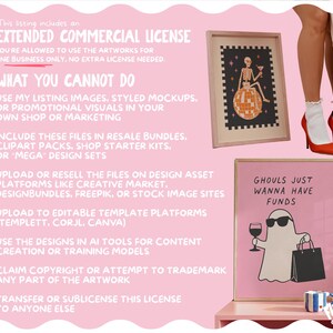May include: Two framed prints on a pink background. The top print shows a skeleton on a disco ball. The bottom print features a ghost wearing sunglasses, holding a wine glass and a shopping bag, with the text GHOULS JUST WANNA HAVE FUNDS.