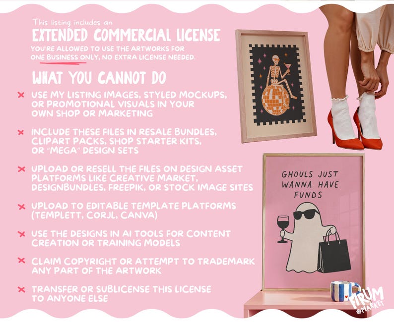 May include: Two framed prints on a pink background. The top print shows a skeleton on a disco ball. The bottom print features a ghost wearing sunglasses, holding a wine glass and a shopping bag, with the text GHOULS JUST WANNA HAVE FUNDS.