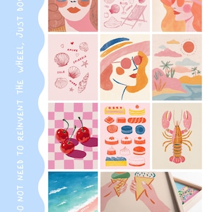 May include: A collection of colorful, illustrated art prints with a summer theme. The prints feature images of cherries, seashells, desserts, a lobster, and beach scenes. The text "Summer as a state of mind" is visible on one print.