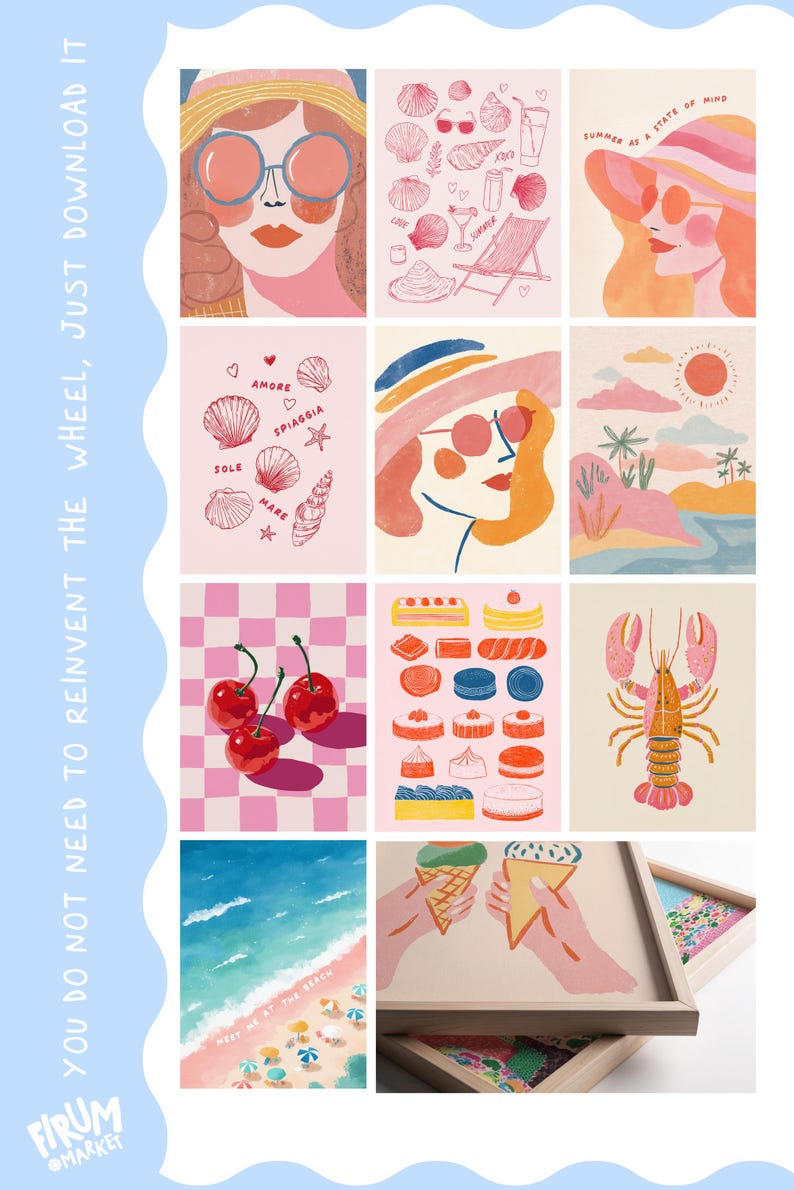 May include: A collection of colorful, illustrated art prints with a summer theme. The prints feature images of cherries, seashells, desserts, a lobster, and beach scenes. The text "Summer as a state of mind" is visible on one print.