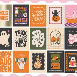 May include: A collection of fifteen rectangular wall art prints featuring Halloween themes. Designs include ghosts, skeletons, pumpkins, and cats with text such as Hocus Pocus, In My Witchy Era, Trick or Treat, Spooky, Too Glam To Give A Damn, and Happy Halloween.