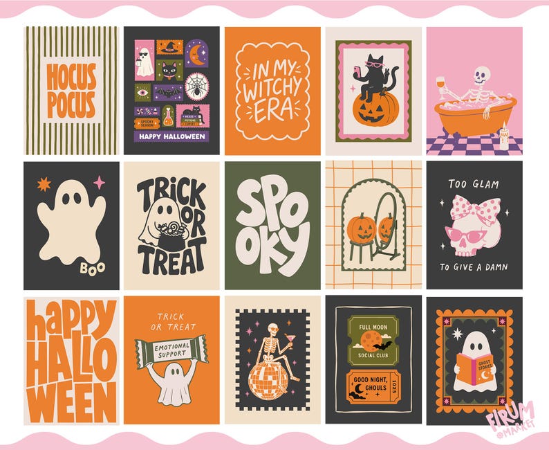 May include: A collection of fifteen rectangular wall art prints featuring Halloween themes. Designs include ghosts, skeletons, pumpkins, and cats with text such as Hocus Pocus, In My Witchy Era, Trick or Treat, Spooky, Too Glam To Give A Damn, and Happy Halloween.