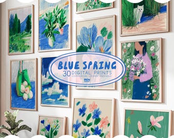 30 Spring Floral Botanical Prints, Blue Green Wall Art Bundle, Digital Download | 153