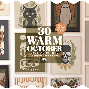 Könnte beinhalten: Eine Sammlung von dreißig digitalen Kunstdrucken mit herbstlichen Illustrationen, darunter Geister, eine schwarze Katze, ein Totenkopf und Schmetterlinge in warmen Erdtönen. Der Text 30 WARM OCTOBER DIGITAL PRINTS COMMERCIAL LICENSE ist mittig überlagert.