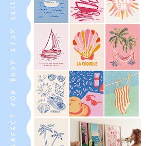 May include: A collection of colorful beach-themed art prints. The prints feature sailboats, seashells, palm trees, and the text "LE SOLEIL", "LA COQUILLE", and "IN THE SUN, BY THE SEA". The prints are in various colors, including pink, blue, and orange.