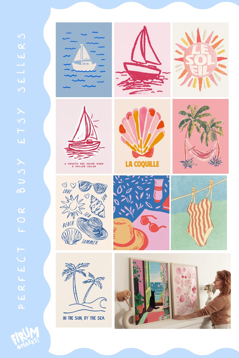 May include: A collection of colorful beach-themed art prints. The prints feature sailboats, seashells, palm trees, and the text "LE SOLEIL", "LA COQUILLE", and "IN THE SUN, BY THE SEA". The prints are in various colors, including pink, blue, and orange.