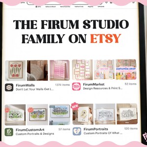 May include: A digital tablet screen displaying The Firum Studio family on Etsy, featuring a grid of various art shop listings including FirumWalls, FirumMarket, FirumCustomArt, and FirumPortraits with thumbnails of framed wall art and custom portraits.