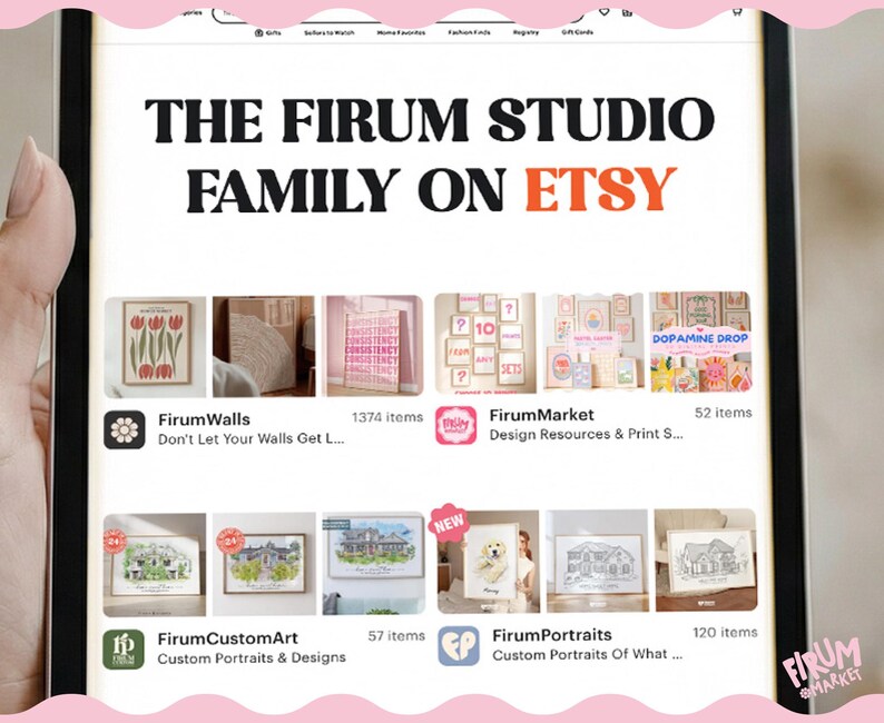 May include: A digital tablet screen displaying The Firum Studio family on Etsy, featuring a grid of various art shop listings including FirumWalls, FirumMarket, FirumCustomArt, and FirumPortraits with thumbnails of framed wall art and custom portraits.