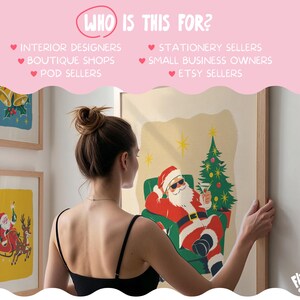 May include: A framed wall art print featuring a retro-style illustration of Santa Claus wearing sunglasses and relaxing in a green armchair with a cocktail next to a Christmas tree. The text reads WHO IS THIS FOR? INTERIOR DESIGNERS, BOUTIQUE SHOPS, POD SELLERS, STATIONERY SELLERS, SMALL BUSINESS OWNERS, ETSY SELLERS, and FIRUM MARKET.
