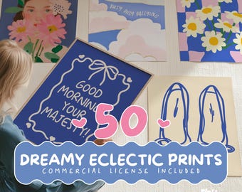 May include: A collection of five art prints with a dreamy, eclectic theme. The prints feature illustrations of a woman with flowers, clouds, daisies, and abstract shapes. The text "Good Morning Your Majesty!" is visible on one print. The number "50" is also visible.