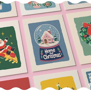 May include: A collection of rectangular greeting cards featuring various holiday illustrations, including a snow globe with a pink house and the text Home for Christmas, a Santa Claus riding a slice of pizza, and a green wreath with a red bow.