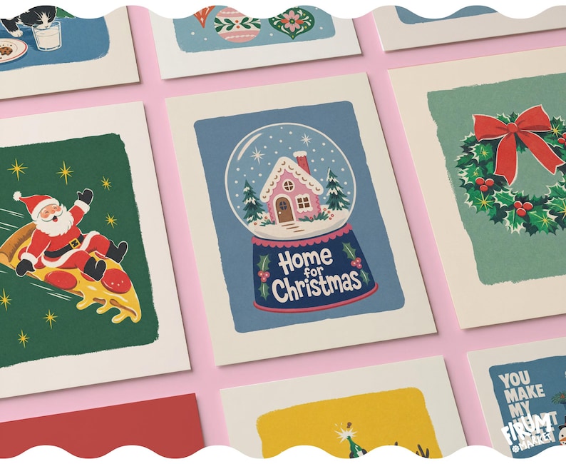 May include: A collection of rectangular greeting cards featuring various holiday illustrations, including a snow globe with a pink house and the text Home for Christmas, a Santa Claus riding a slice of pizza, and a green wreath with a red bow.