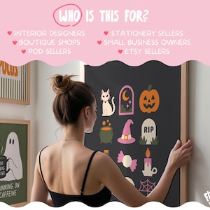 May include: A framed poster featuring a dark background with colorful Halloween-themed icons including a white cat, orange pumpkin, pink witch hat, green cauldron, and a tombstone. The text at the top reads WHO IS THIS FOR? followed by a list of target audiences.