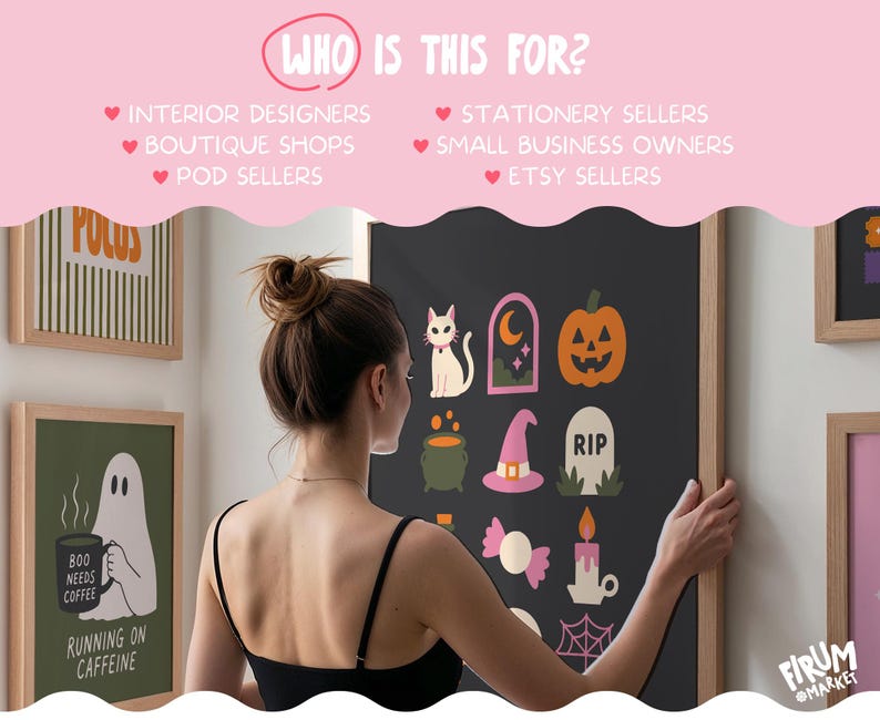 May include: A framed poster featuring a dark background with colorful Halloween-themed icons including a white cat, orange pumpkin, pink witch hat, green cauldron, and a tombstone. The text at the top reads WHO IS THIS FOR? followed by a list of target audiences.