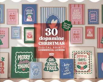 May include: A collection of 30 digital Christmas art prints featuring various holiday-themed designs, text, and illustrations in a colorful palette. A central red overlay displays the text 30 dopamine CHRISTMAS DIGITAL PRINTS COMMERCIAL LICENSE.