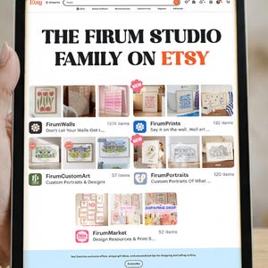 May include: A tablet screen displays the Etsy website, showcasing "THE FIRUM STUDIO FAMILY ON ETSY." Featured categories include FirumWalls, FirumPrints, FirumCustomArt, FirumPortraits, and FirumMarket, with various art prints and designs. The Etsy logo is visible.