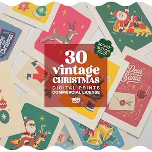 May include: A collection of vintage-style Christmas digital prints featuring various holiday illustrations including Santa Claus, reindeer, bells, and festive text. A central overlay displays the text 30 vintage CHRISTMAS DIGITAL PRINTS.