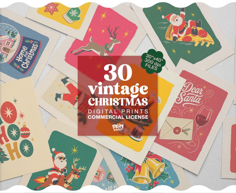 May include: A collection of vintage-style Christmas digital prints featuring various holiday illustrations including Santa Claus, reindeer, bells, and festive text. A central overlay displays the text 30 vintage CHRISTMAS DIGITAL PRINTS.