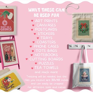 May include: A digital display featuring various Christmas-themed illustrations on prints, a pink A-frame sign, a hanging canvas banner, and a white tote bag. Text lists potential uses including art prints, canvases, and stickers, noting 30x40 inch files.