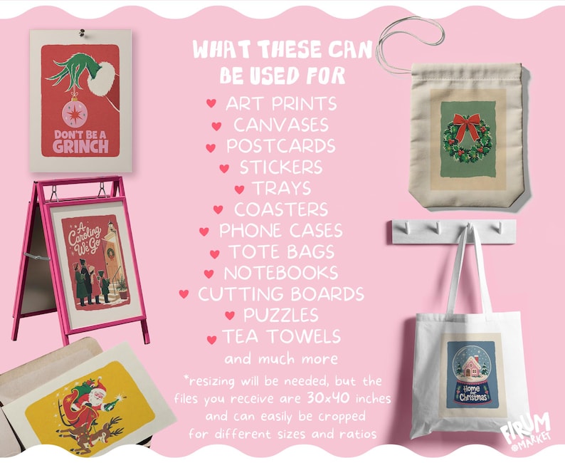 May include: A digital display featuring various Christmas-themed illustrations on prints, a pink A-frame sign, a hanging canvas banner, and a white tote bag. Text lists potential uses including art prints, canvases, and stickers, noting 30x40 inch files.