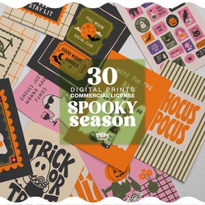 Peut inclure: Une collection de trente impressions numériques présentant des illustrations sur le thème d'Halloween, notamment des fantômes, des citrouilles et des chauves-souris. Les impressions affichent diverses couleurs et textes comme Hocus Pocus, Stay Lit et Full Moon Social Club, avec une superposition centrale indiquant 30 Digital Prints Commercial License Spooky Season Firum Market.