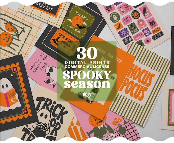 Spooky Wall Art Bundle,  Colourful Halloween Printable set of 30, Commercial License Included | 191
