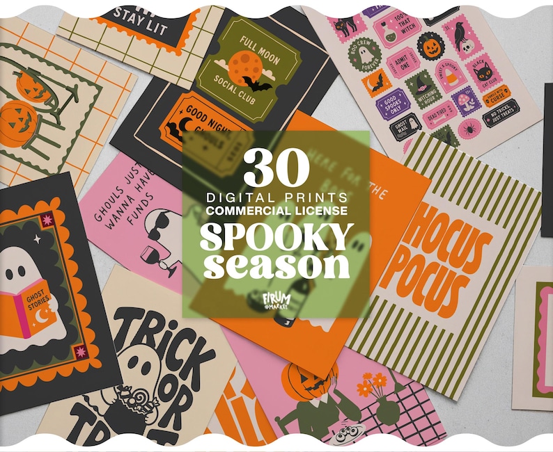 May include: A collection of thirty digital prints featuring Halloween-themed illustrations including ghosts, pumpkins, and bats. The prints display various colors and text such as Hocus Pocus, Stay Lit, and Full Moon Social Club, with a central overlay stating 30 Digital Prints Commercial License Spooky Season Firum Market.