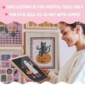 May include: A collection of framed Halloween-themed digital art prints featuring a black cat on a pumpkin, a ghost holding a drink, and various spooky icons. The text at the top reads: THIS LISTING IS FOR DIGITAL FILES ONLY, YOU CAN SELL AS-IS BUT WITH LIMITS.