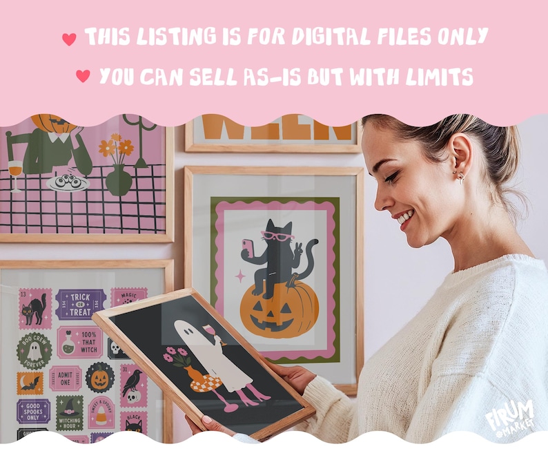 May include: A collection of framed Halloween-themed digital art prints featuring a black cat on a pumpkin, a ghost holding a drink, and various spooky icons. The text at the top reads: THIS LISTING IS FOR DIGITAL FILES ONLY, YOU CAN SELL AS-IS BUT WITH LIMITS.