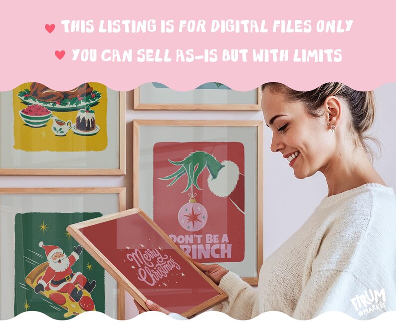 May include: A collection of framed Christmas-themed wall art prints featuring illustrations of a holiday feast, Santa Claus on a pizza slice, and a green hand holding a pink ornament with the text Don't Be A Grinch and Merry Christmas.