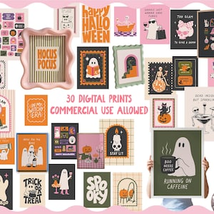 May include: A collection of 30 digital Halloween-themed art prints featuring ghosts, skeletons, pumpkins, and witchy motifs in various colors. The prints include text such as Hocus Pocus, Happy Halloween, Stay Lit, and Running on Caffeine.