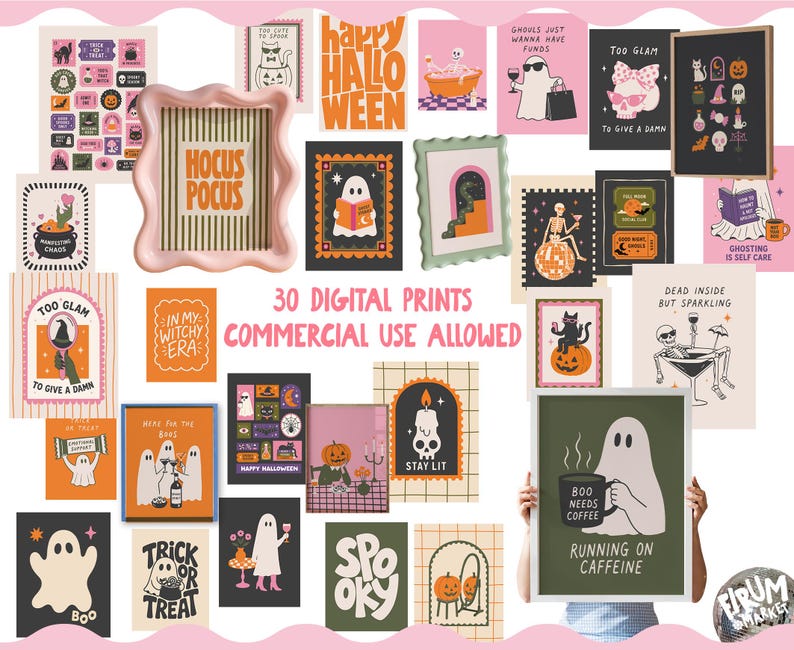 May include: A collection of 30 digital Halloween-themed art prints featuring ghosts, skeletons, pumpkins, and witchy motifs in various colors. The prints include text such as Hocus Pocus, Happy Halloween, Stay Lit, and Running on Caffeine.