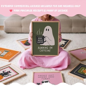 May include: A framed rectangular print featuring an olive green background with a white ghost illustration holding a black coffee mug. The mug has the text BOO NEEDS COFFEE and the print includes the text RUNNING ON CAFFEINE in white lettering.