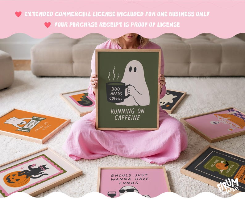 May include: A framed rectangular print featuring an olive green background with a white ghost illustration holding a black coffee mug. The mug has the text BOO NEEDS COFFEE and the print includes the text RUNNING ON CAFFEINE in white lettering.