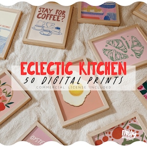 May include: A collection of framed digital art prints featuring various kitchen-themed illustrations, including a fried egg, croissants with the text GOOD MORNING, and coffee cups with the text STAY FOR COFFEE, all displayed in light wood frames.