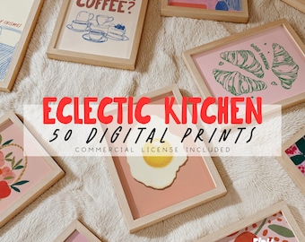 May include: A collection of framed digital prints with various kitchen-themed illustrations. The prints feature images of coffee cups, croissants, and eggs. The text "Stay for Coffee?" and "Good Morning" are visible. The phrase "Eclectic Kitchen" is also displayed.
