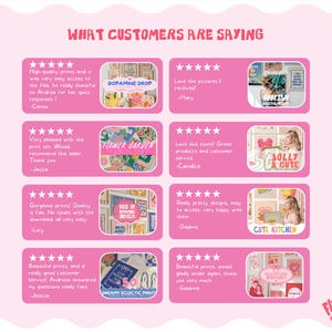 May include: A customer review graphic with a light pink background featuring the text WHAT CUSTOMERS ARE SAYING. It displays eight five-star reviews with text testimonials and small square images of various colorful art prints and wall decor.