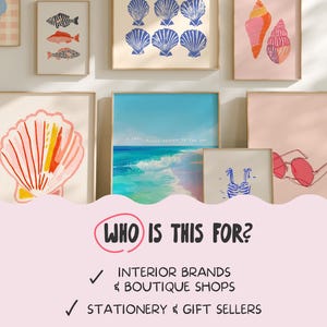 May include: A collection of framed art prints featuring coastal and beach-themed illustrations. The artwork includes images of seashells, fish, and ocean scenes. The text "WHO IS THIS FOR?" is visible.