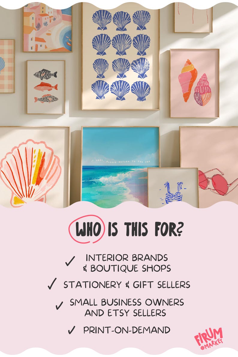 May include: A collection of framed art prints featuring coastal and beach-themed illustrations. The artwork includes images of seashells, fish, and ocean scenes. The text "WHO IS THIS FOR?" is visible.