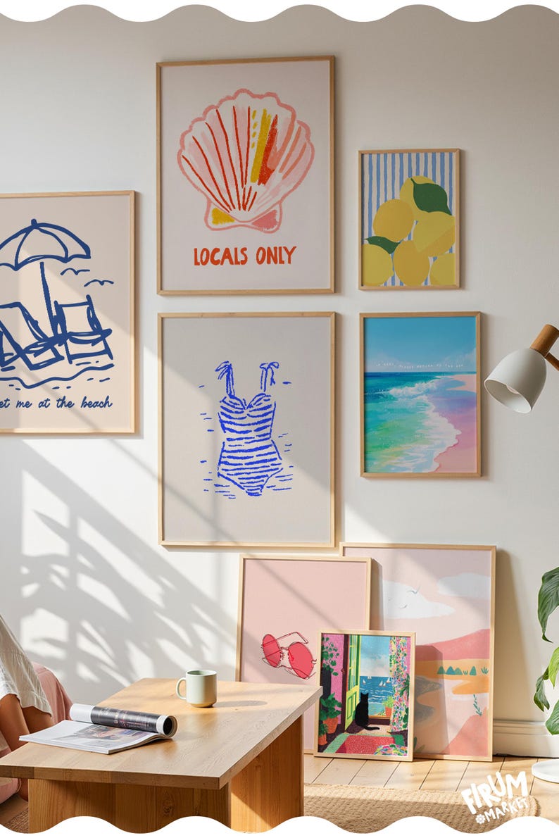 May include: A collection of framed art prints with a beach theme. The prints feature illustrations of a seashell, lemons, a swimsuit, beach chairs, and a coastal landscape. The color palette includes blues, pinks, and yellows, creating a summery vibe.