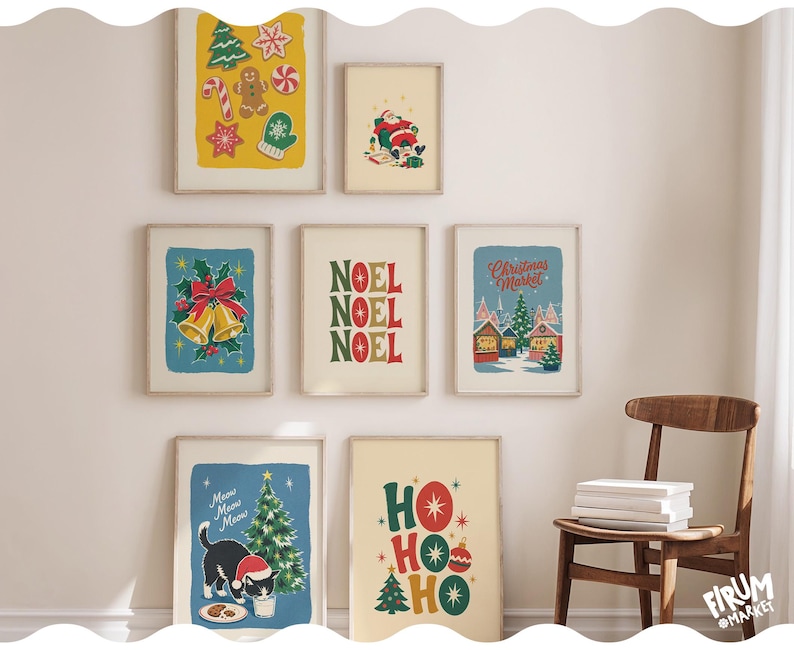May include: A gallery wall set of seven framed Christmas-themed art prints featuring illustrations of holiday cookies, Santa Claus, golden bells, a Christmas market, a cat with a tree, and festive typography reading NOEL and HO HO HO.