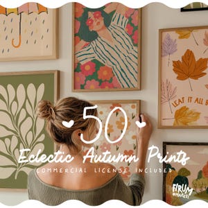 May include: A display of framed art prints with an autumnal theme. The prints showcase illustrations of leaves, flowers, and abstract designs in warm tones. Text on the prints includes "50 Eclectic Autumn Prints" and "Leaf it all be".