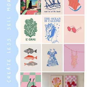 May include: A collection of art prints with a beach theme. The prints feature illustrations of a black cat, beach chairs, a swimsuit, a seashell, sunglasses, fish, a dress, cherries, and the text "meet me at the beach" and "The Ocean is Calling".
