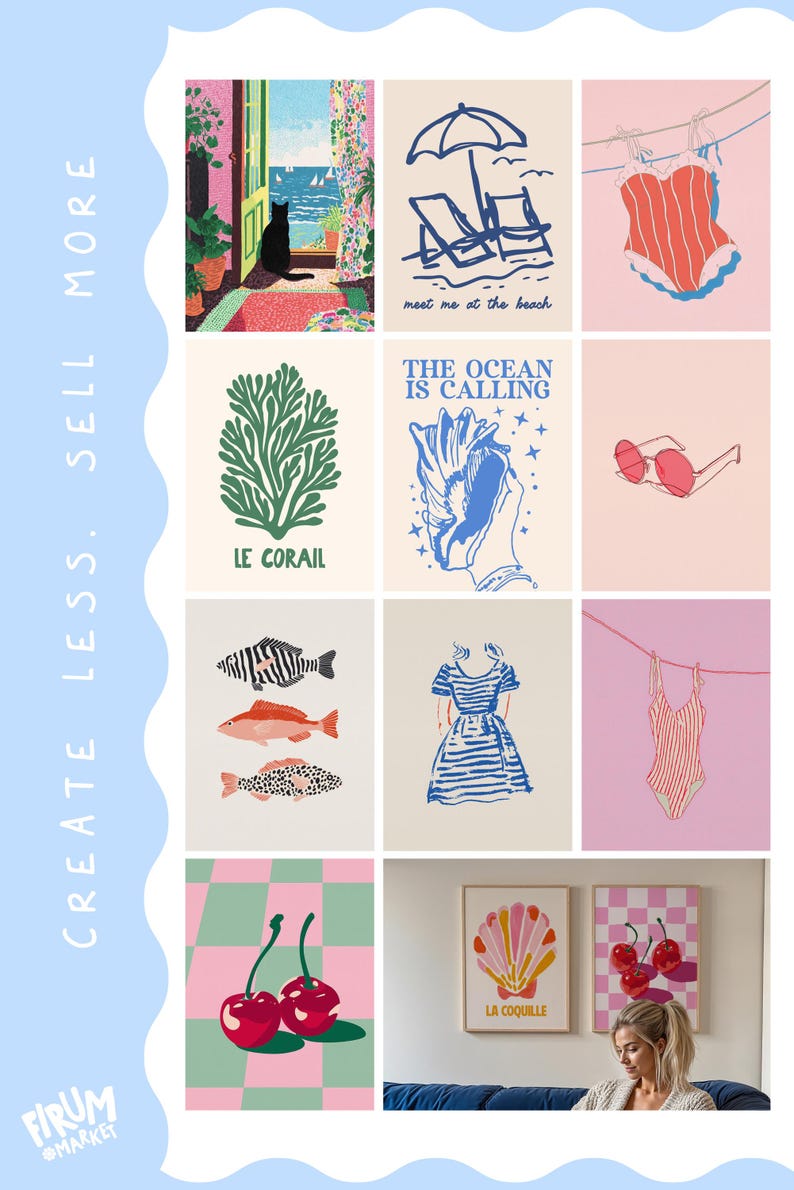 May include: A collection of art prints with a beach theme. The prints feature illustrations of a black cat, beach chairs, a swimsuit, a seashell, sunglasses, fish, a dress, cherries, and the text "meet me at the beach" and "The Ocean is Calling".
